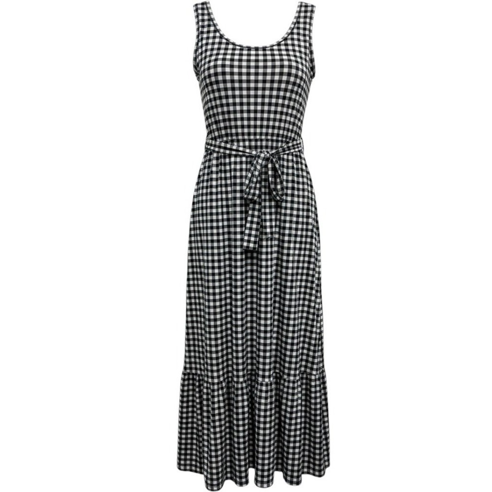 Cuddl Duds BOHO Maxi Dress Womens 1X Black White Gingham Sleeveless Tiered